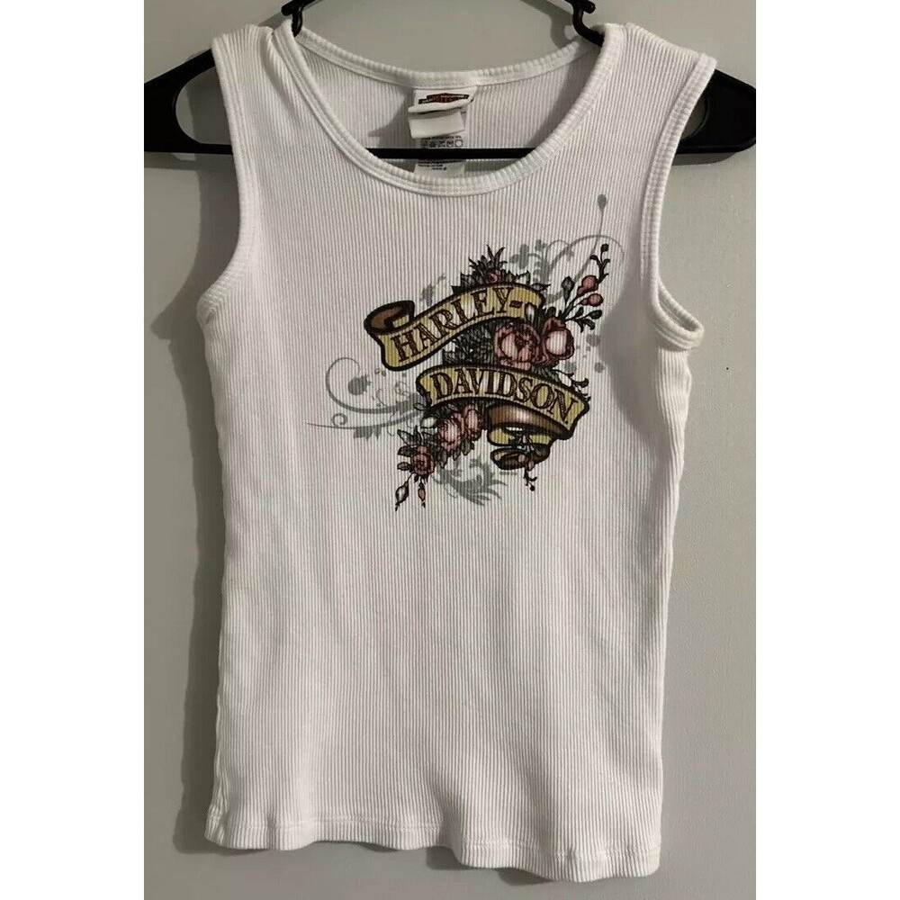 Harley Davidson White Ribbed Tank Top Sz M Tattoo Graphic Pic Gettysburg PA